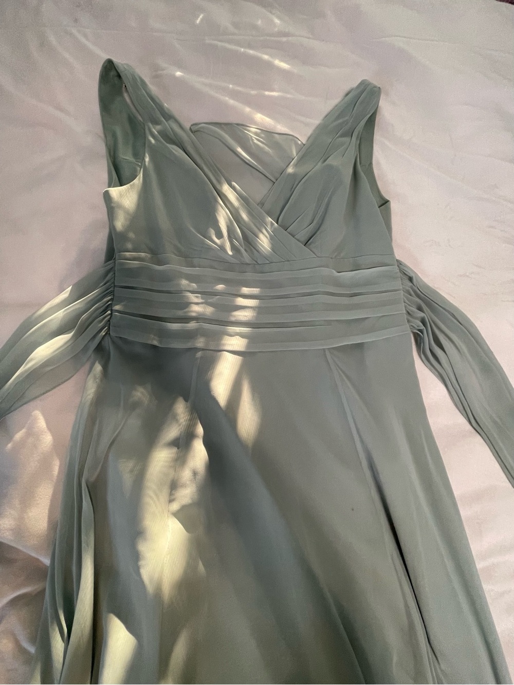 David's Bridal Sage Green Surplice Pleated Waist Maxi Bridesmaid Dress